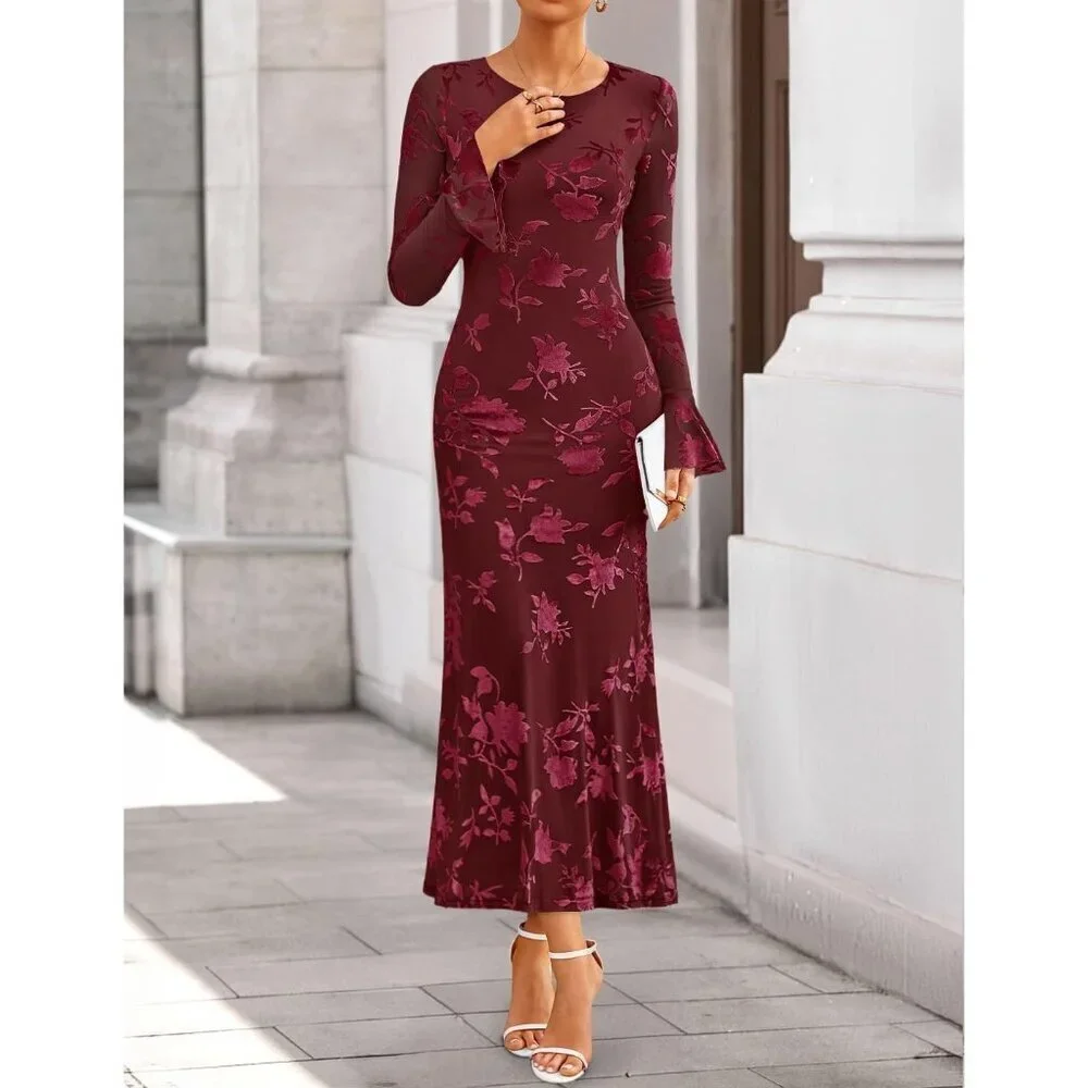Women's Wine Long Sleeve Spring Fashion Bodycon Mesh Floral Maxi Dress